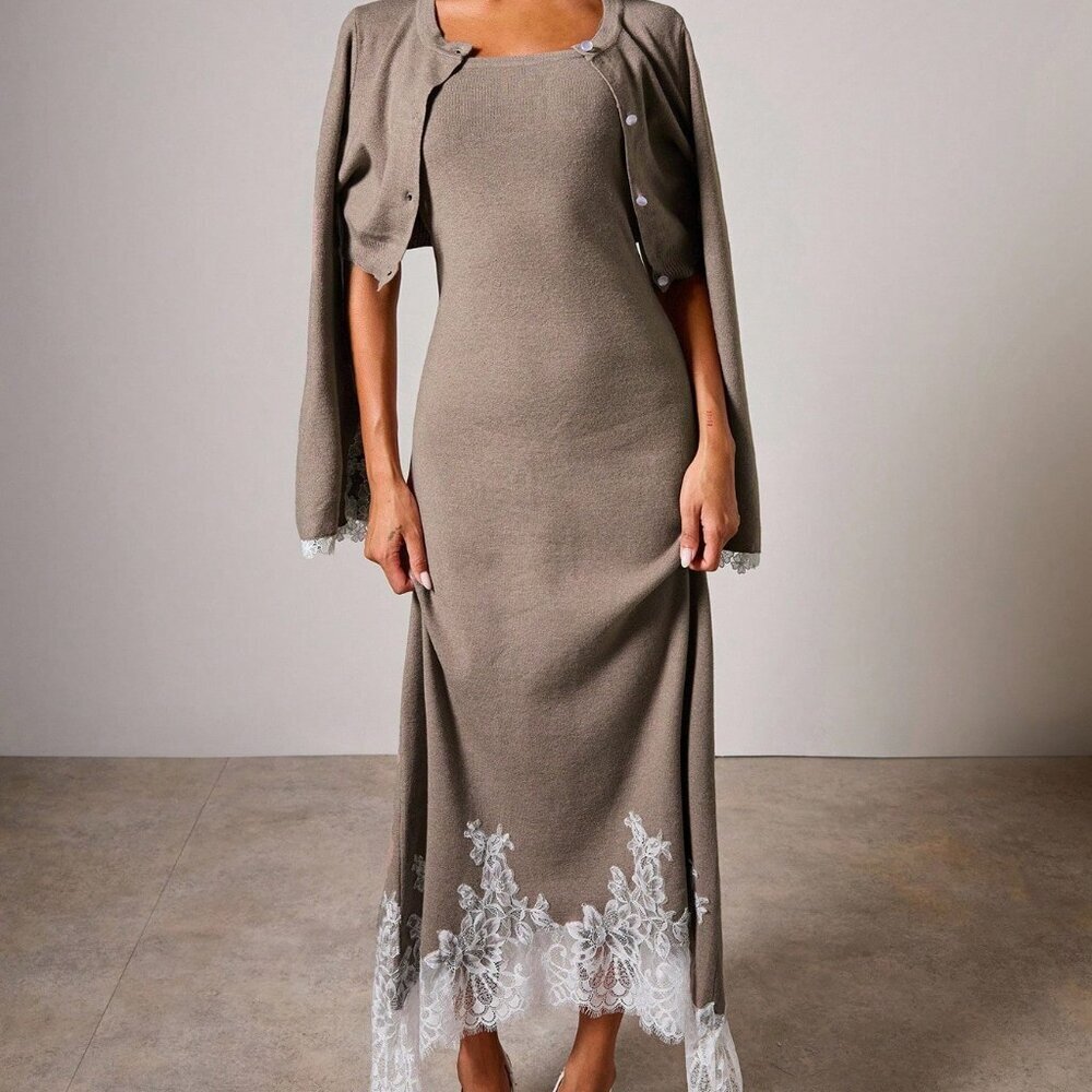 Elegant Women's Sleeveless Lace Trim Dress with Cardigan Set